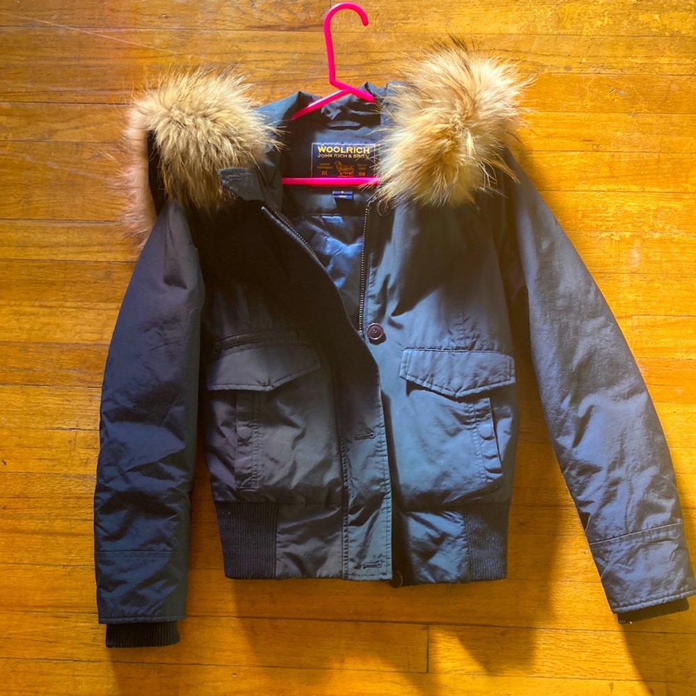 Woolrich bomber jacket blue size small in great condition with real fur trim